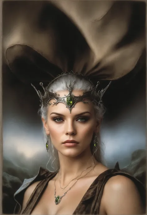 studio photogaphy counter light , full body portrait of pagan queen, gray stone,in blue forest,green eyes,white hair,  Mongoloid face, hands at the level of the headdress, wooden crown with peridot,topaz,amethist,garnet,detailed symmetric circular iris, re...
