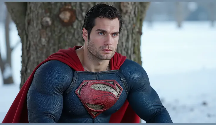 Hyperrealistic 8K photo of muscular Henry Cavill with a beard and short dark hair dressed in a Superman costume, sat next to a tree, thoughtful and determined expression on his face, Winter snow , full body