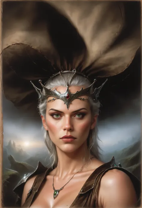 studio photogaphy counter light , full body portrait of pagan queen, gray stone,in blue forest,green eyes,white hair,  Mongoloid face, hands at the level of the headdress, wooden crown with peridot,topaz,amethist,garnet,detailed symmetric circular iris, re...