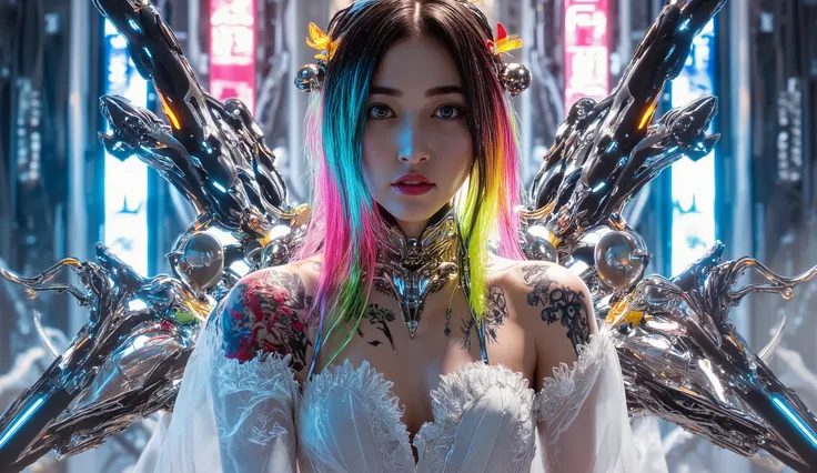  Attractive screen with shining decorations ，depict Taiwanese women on an impressive cyberpunk-style setting with sparkling decorations。 Meticulously drawn digital painting，Vibrant neon lights and futuristic elements。 The woman exudes a mysterious and eleg...