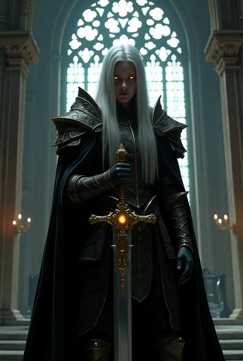 Before the imposing gothic stained glass window of an ancient cathedral, a solitary figure remained motionless — a warrior of dark and noble presence. Her long white hair , fluttering like silver threads in the wind, contrasting with the darkness that enve...