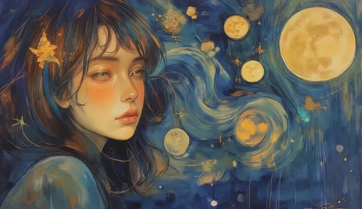 impressionist_ style ,oil ,brushstrokes that capture the essence of Impressionism with its vivacity, brilliant representation of a female face.This artwork includes、in the foreground a woman, with a delicate face and glowing eyes turning into starry skies ...