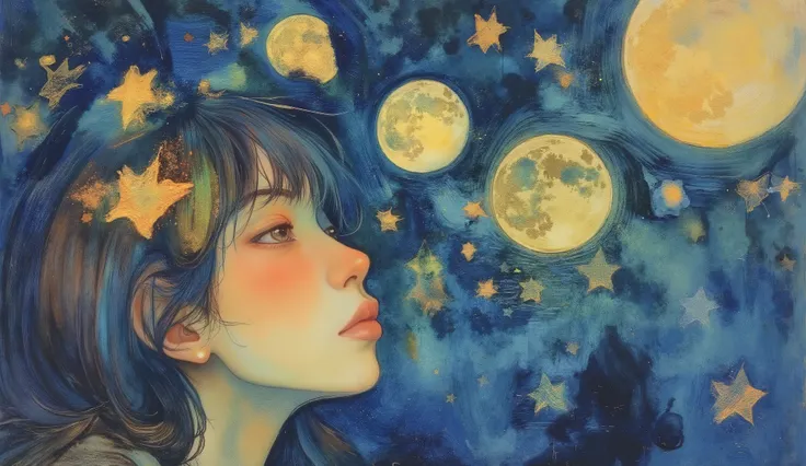 impressionist_ style ,watercolor ,brushstrokes that capture the essence of Impressionism with its vivacity, brilliant representation of a female face. This work of art includes a woman in the foreground, with a delicate face and glowing eyes turning into s...