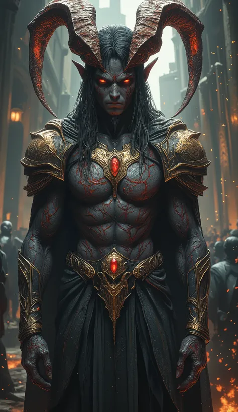 Portrait of a powerful dark fantasy demon king or ancient warlock with cracked, ashen-gray skin and glowing molten red eyes. He stands confidently with clawed hands clasped together, his long black hair flowing over spiked, bark-like horns that twist from ...