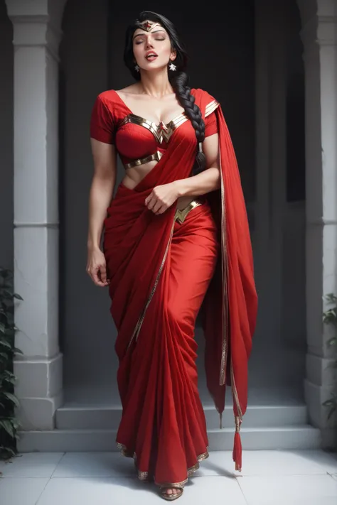  A mature woman in ((Black Hair)), ((Braid)), wonder woman,  breasts, Eyes, Anime Style, in ((red saree with matching red blouse))  ,((front view))1girl,Parted Lips, Tongue, Closed Eyes, ((full body view))