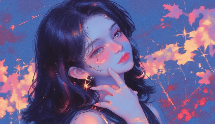 impressionist_ style ,oil ,brushstrokes that capture the essence of Impressionism with its vivacity, brilliant representation of a female face, high light in neon colors . This artwork includes、in the foreground a woman, with a delicate face, radiant white...