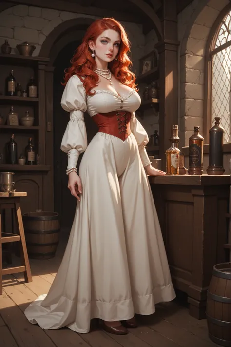 Create full body oil portrait of Dellaina: You are ,  thin, large breasts and narrow waist, hip-length dark copper red hair, wavy,  is wearing a drial , pearl gray eyes ,  in a room in medieval times 