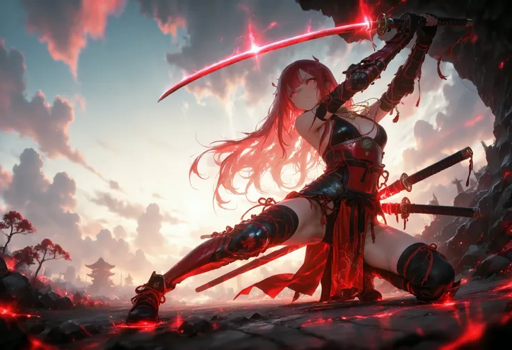 HDR-10, 8K, masterpiece, better quality, amazing quality, very aesthetic,newer, landscape,1 girl,(crouched),pelvic curtain necklace,Futuristic armor,(of the katanas),from below, samurai aesthetic with advanced technology, Futuristic combat armor white with...