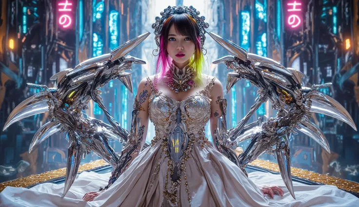  Attractive screen with shining decorations ，depict Taiwanese women on an impressive cyberpunk-style setting with sparkling decorations。 Meticulously drawn digital painting，Vibrant neon lights and futuristic elements。 The woman exudes a mysterious and eleg...