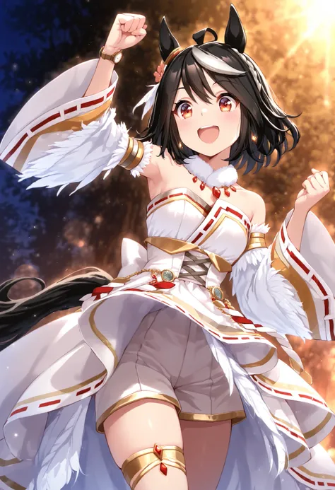 masterpiece, top quality,
kitasan black \(Uma Musume\), 1 girl, horse ears, full body, horse tail, Removable Wide Sleeves with White Ruffles, Raise your arms, watch viewers, smile, Chest, place your hand on your lower back, under the arm, clenched fist, b...