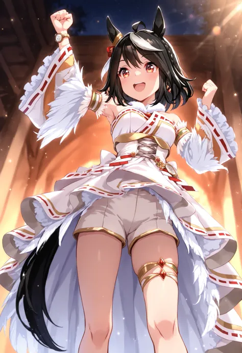 masterpiece, top quality,
kitasan black \(Uma Musume\), 1 girl, horse ears, full body, horse tail, Removable Wide Sleeves with White Ruffles, Raise your arms, watch viewers, smile, Chest, place your hand on your lower back, under the arm, clenched fist, b...