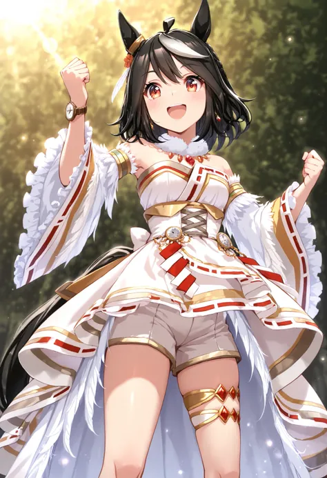 masterpiece, top quality,
kitasan black \(Uma Musume\), 1 girl, horse ears, full body, horse tail, Removable Wide Sleeves with White Ruffles, Raise your arms, watch viewers, smile, Chest, place your hand on your lower back, under the arm, clenched fist, b...