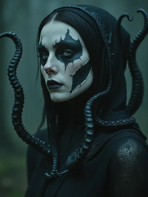A beautiful black haired necromancer woman, cosmic entity ,tentacles emerge,dark realistic photography,dark art,dark surreal art, melancholic ambience, blood and gore dark art , bones exposed, slimy tentacles, half nude
