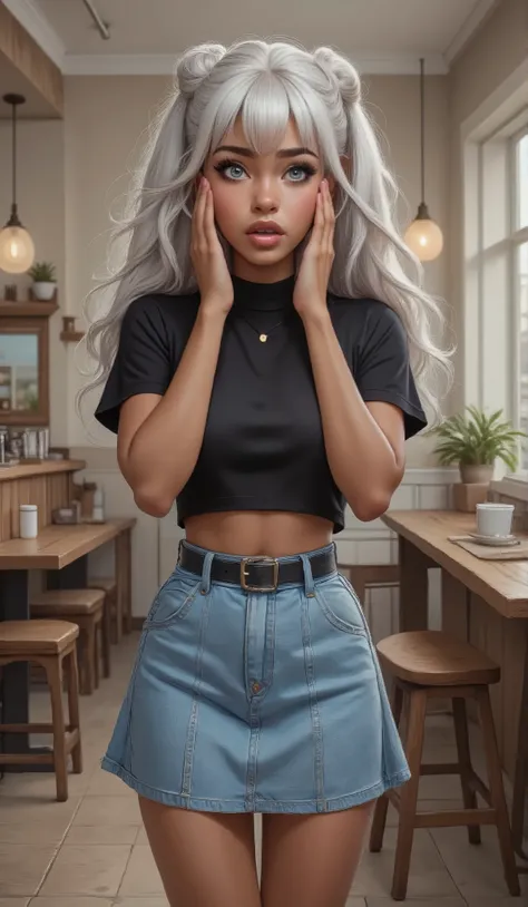 A young 14  year old girl with tanned brown skin silver grey eyes with long lashes, plump full round pouty lips, her hands are on her face she looks in shocked, her hair is silver white she has a bangs and the rest of her hair is up in two buns, she have o...
