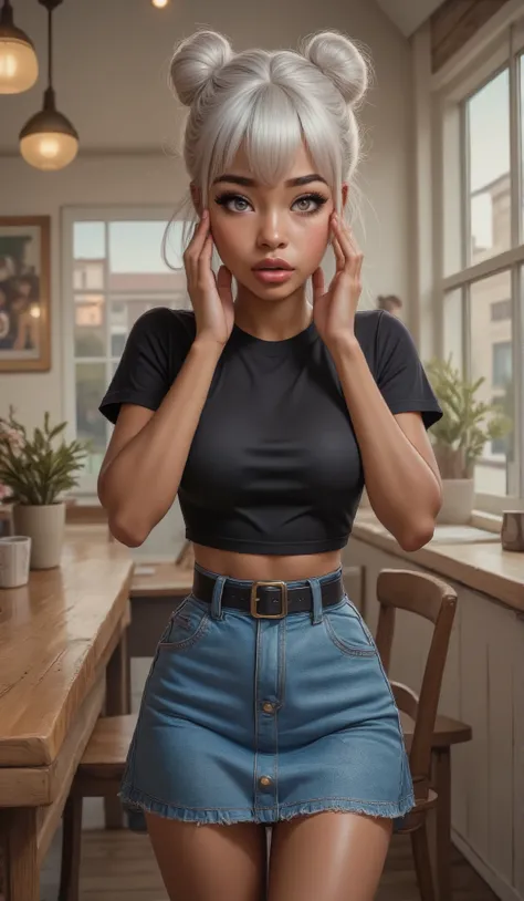 A young 14  year old girl with darker brown skin silver grey eyes with long lashes, plump full round pouty lips, her hands are on her face she looks in shocked, her hair is silver white she has a bangs and the rest of her hair is up in two buns, she have o...