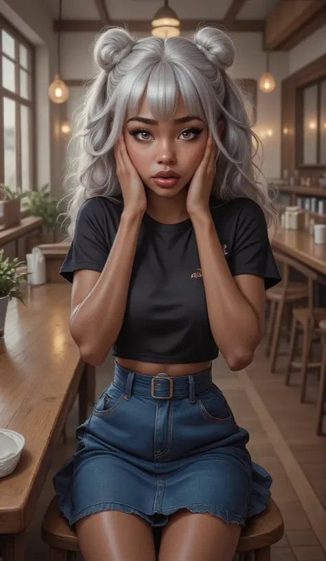 A young 14  year old girl with darker brown skin silver grey eyes with long lashes, plump full round pouty lips, her hands are on her face she looks in shocked, her hair is silver white she has a bangs and the rest of her hair is up in two buns, she have o...