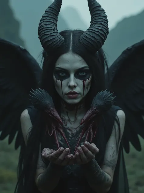 A beautiful black haired necromancer woman, cosmic entity, holding spread raven Wings Infront of her face she has her teeth exposed and no skin on the face blood dripping From the Wings,dark realistic photography,dark art,dark surreal art, melancholic ambi...