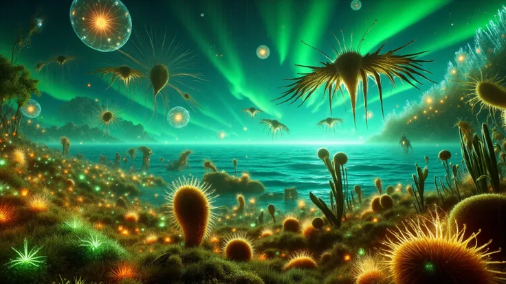 Wide shot of a research station on a strange alien world, best quality, high detail, turquoise sky, dry ground, carnivorous plants and fungi, ocean in distance that shines with bioluminescence,  cave in the distance with luminescent crystals coming out of ...
