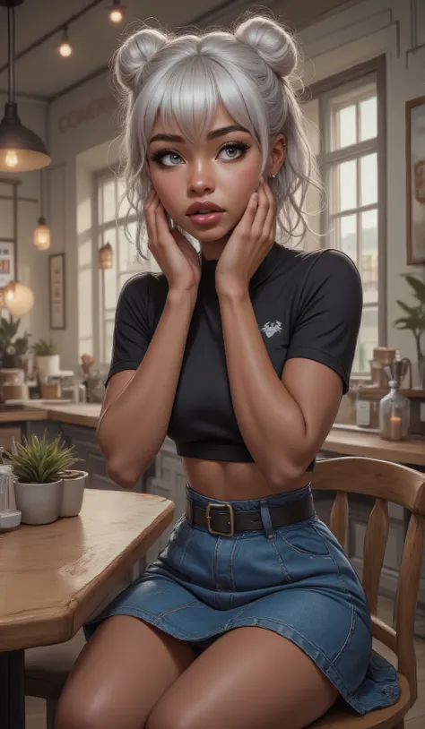 A young 14  year old girl with dark brown skin, silver grey eyes with long lashes, plump full round pouty lips, her hands are on her face she looks in shocked, her hair is silver white she has a bangs and the rest of her hair is up in two buns, she have on...