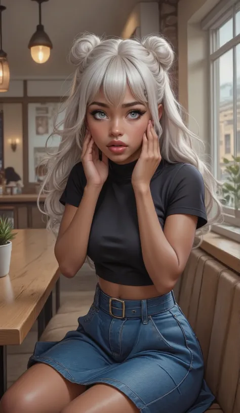 A young 14  year old girl with dark brown skin, silver grey eyes with long lashes, plump full round pouty lips, her hands are on her face she looks in shocked, her hair is silver white she has a bangs and the rest of her hair is up in two buns, she have on...