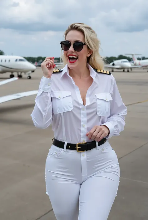 white glamour ladies, pilot sunglasses, in a white deep-necked pilot shirt, white screaming ladies, laughing with her mouth open, red lipstick accentuating her smile,belt on waist, big wide hips, chest are fully grown, pilot sunglasses, white skin, HD, enj...