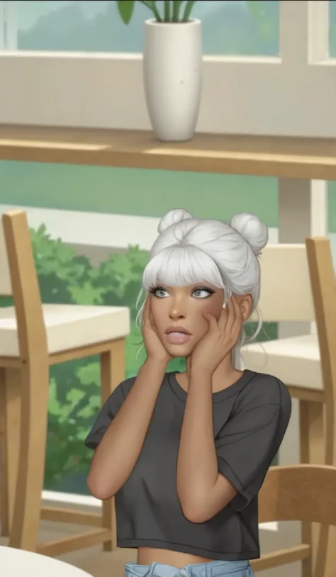A young 14  year old girl with dark brown skin, silver grey eyes with long lashes, plump full round pouty lips, her hands are on her face she looks in shocked, her hair is silver white she has a bangs and the rest of her hair is up in two buns, she have on...