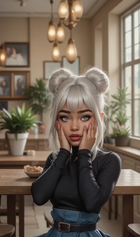 A young 14  year old girl with dark brown skin, silver grey eyes with long lashes, plump full round pouty lips, her hands are on her face she looks in shocked, her hair is silver white she has a bangs and the rest of her hair is up in two buns, she have on...