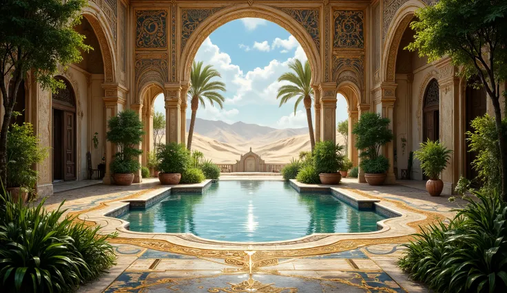 masterpiece, highly detailed, ultra realistic, professional, an Arabian palace outdoor patio,  large and luxurious, decorated with lush greenery,  beautiful dessertscape,  a large pond in front