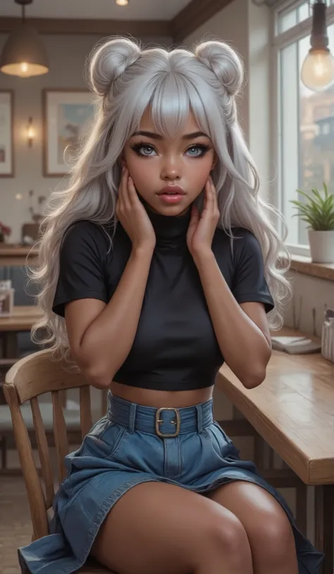 A young 14  year old girl with dark brown skin, silver grey eyes with long lashes, plump full round pouty lips, her hands are on her face she looks in shocked, her hair is silver white she has a bangs and the rest of her hair is up in two buns, she have on...