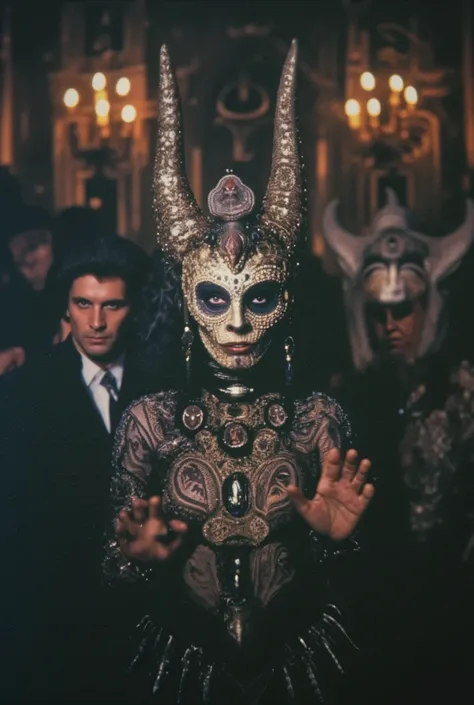 hybrid snake mafiosa in disguise, hybrid sheep in costume, hybrid reptile in costume, hybrid rhinoceros in disguise and witch in disguise. Satanic Party. hyperrealistic, necklace trio, surreal.