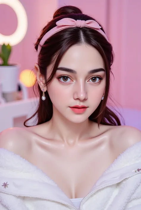 Mei, One woman, Detailed skin, View your viewers, Brown eyes, (semi-long hair:1.0), small hairclip and pink ribbon headband (Medium Chest:1.0), (Central areola:0.8), (Realistic:1.4), (highest quality:1.0), (Ultra-high resolution:1.0), 8k, RAW Photos, (mas...