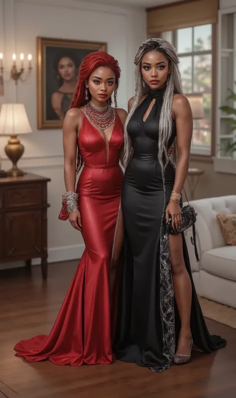 Two women are standing in an elegantly furnished room. The woman on the left has long red braided hair and is wearing a deep red gown with a thigh-high slit, complemented by silver earrings and a matching layered necklace. She carries a small, gradient pur...