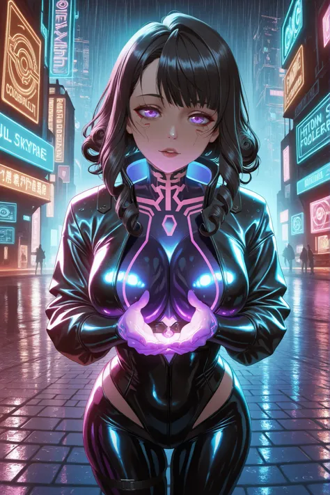 Gold City (Cyberpunk Femme), ((purple glowing jewelry)), underbust, breasts, (voluptuous breast emphasized by design), ((long curly black hair)), purple eyes, glowing eyes, sultry gaze, expression with subtle affection, inviting yet confident, ((latex skin...