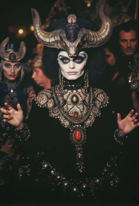 hybrid snake mafiosa in disguise, hybrid sheep in costume, hybrid reptile in costume, hybrid rhinoceros in disguise and witch in disguise. Satanic Party. Chameleon Girl. hyperrealistic, necklace trio, surreal. 8K.