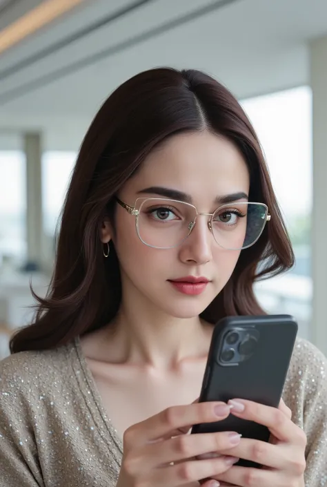 (photorealism:1.2), Woman touching the cell phone using the lens of the glasses, focus looking to her phone.