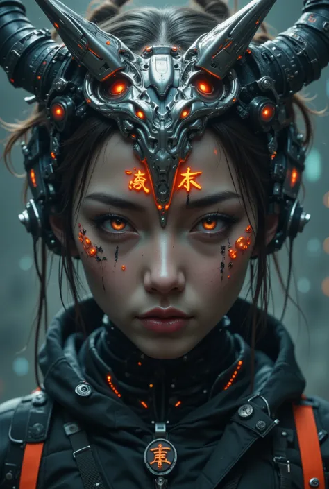 Hyperrealistic portrait of a woman with mechanical demonic horns, better quality, realistic skin texture, dark ghostly expressive features, futuristic streetwear with lots of fasteners and different materials, multilayer textures, NASA materials, absurd an...