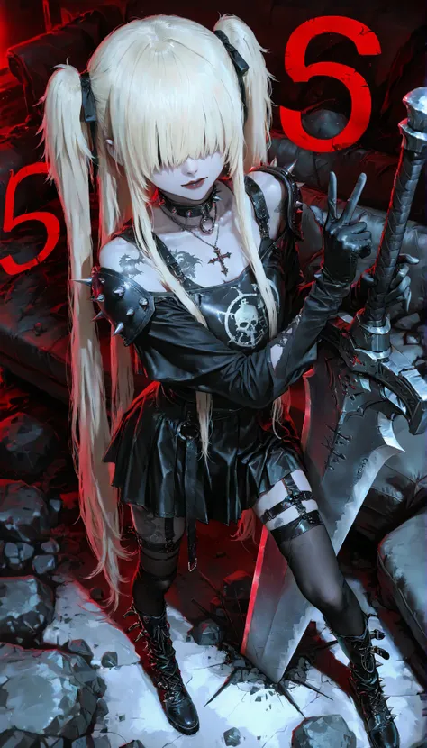 HDR-10, 8K, masterpiece, better quality, amazing quality, very aesthetic,newer,1 girl,messy room,sofa,from above,gothic girl,dressed in a black skirt,clothes with spikes, leather,very long hair,blonde, two very long pigtails,minimalist tattoo on the thigh,...