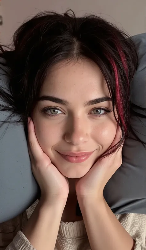   Beautiful 30-year-old woman, black hair with Red highlights, Red highlights,  shoulder length , disheveled hair, Wearing a black bra, Wet bodysuit, realistic wet texture, is wearing realistic and detailed black panties, placed on fabric cushions, large c...