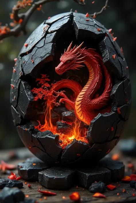 A spherical, cracked object, resembling a shattered obsidian egg or crystal orb, contains a dark miniature landscape inside. At its center, a red dragon coils around a glowing inferno, its scales glistening like molten lava. Flames erupt where a bonsai tre...