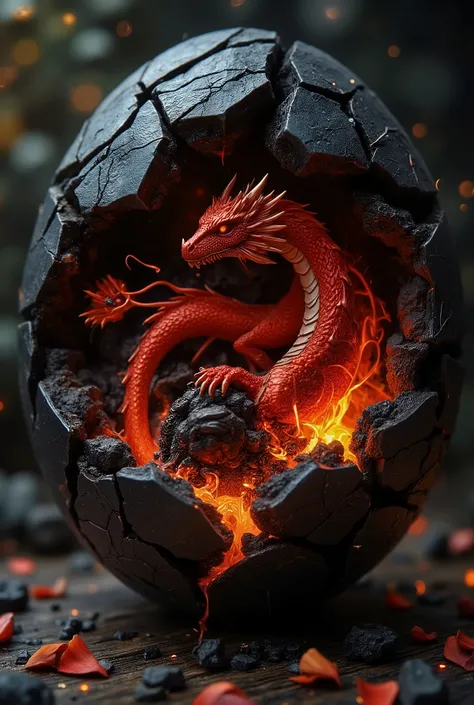 A spherical, cracked object, resembling a shattered obsidian egg or crystal orb, contains a dark miniature landscape inside. At its center, a red dragon coils around a glowing inferno, its scales glistening like molten lava. Flames erupt where a bonsai tre...