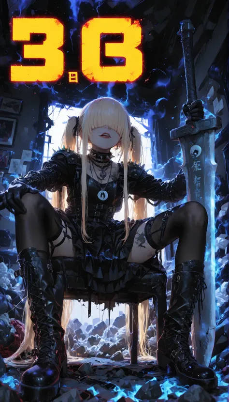 HDR-10, 8K, masterpiece, better quality, amazing quality, very aesthetic,newer,1 girl,messy room,sofa in the background ,from below,sitting upside down,sitting in a chair ,gothic girl,dressed in a black skirt,clothes with spikes, leather,very long hair,blo...
