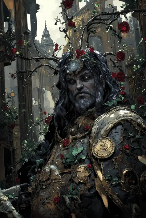 A beautiful and sinister necromancer's castle, overgrown with wild black roses and full of undead servants and monsters