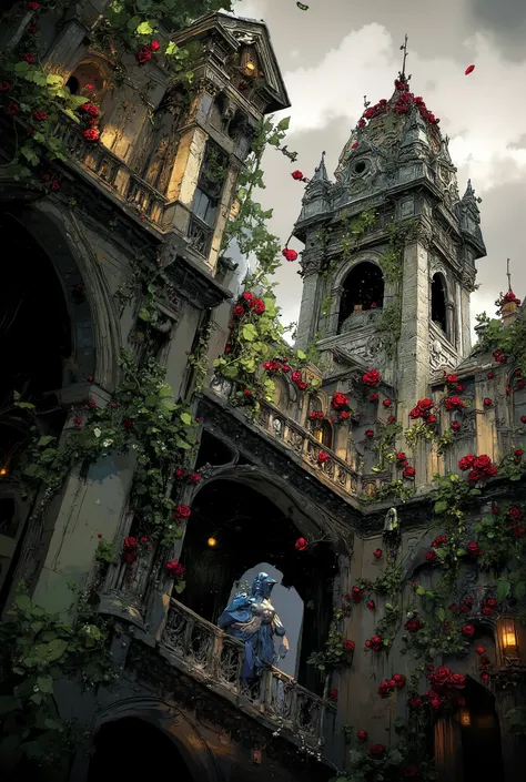 A beautiful and sinister necromancer's castle, overgrown with wild black roses and full of undead servants and monsters