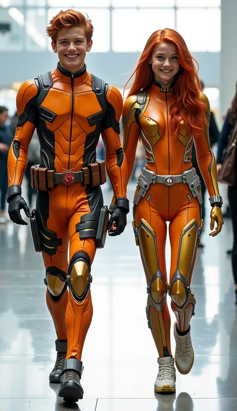 character: 1 boy, and 1 girl. They have red hair. Looks American.
action: Walk straight and look straight ahead.
Expression : smiling.
Costume : they Wearing futuristic Light orange Deadpool with gold silver armor futuristic and white accents.
Backg...