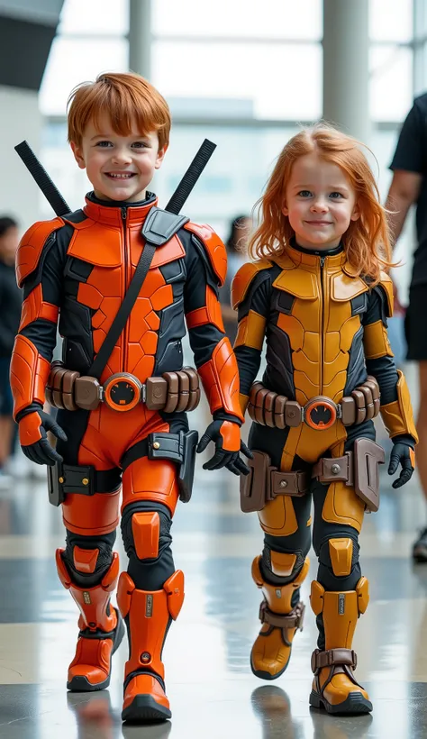 character: 1 baby boy, and 1 baby girl. They have red hair. Looks American.
action: Walk straight and look straight ahead.
Expression : smiling.
Costume : they Wearing futuristic Light orange Deadpool with gold silver armor futuristic and white accent...