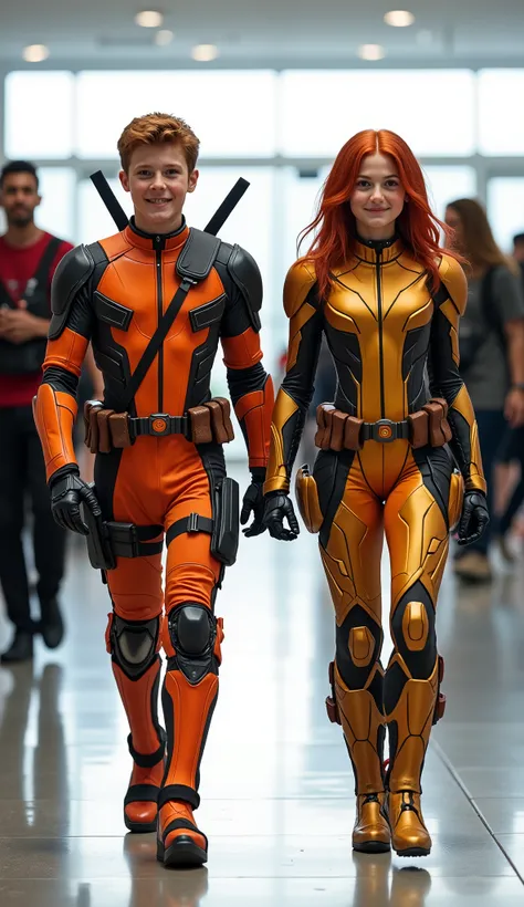 character: 1 boy, and 1 girl. They have red hair. Looks American.
action: Walk straight and look straight ahead.
Expression : smiling.
Costume : they Wearing futuristic Light orange Deadpool with gold silver armor futuristic and white accents.
Backg...