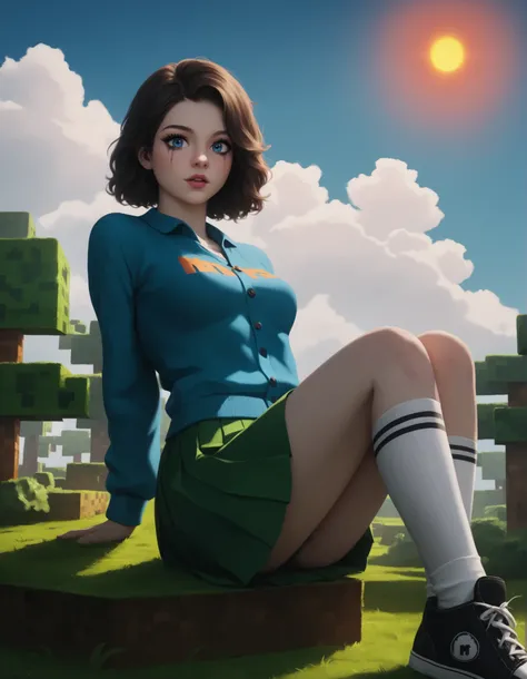 Emma Myers face. Minecraft movie. cubic world. Ultra texture details. Natalie from Minecraft movie. Emma Myers detailed face. View from below. full body shot. Cute small girl, short girl, skinny body, medium breasts. Young girl, detailed grey-blue eyes, cu...
