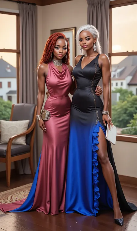 
Elegant high school prom wear captured in a stylish indoor setting. The left figure is dark brown skinned younger age girl face with light brown eyes with long lashes, she have on a Gown Collar Cowl Satin Red Plum Rose silk gown, complemented by a silver ...