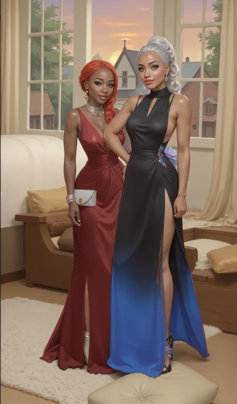 
Elegant high school prom wear captured in a stylish indoor setting. The left figure is dark brown skinned younger age girl face with light brown eyes with long lashes, she have on a Gown Collar Cowl Satin Red Plum Rose silk gown, complemented by a silver ...