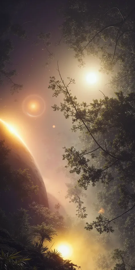 A strange and mysterious place, in the middle of the forest there is a big light, and there is the appearance of half a mysterious planet. The location seen from inside the forest is full of trees and leaves, the atmosphere is soft light mist, giving an am...